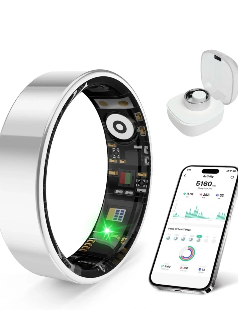 Ring Smart Health Tracking Ring in Silver and Black with Green Indicator. Size 9